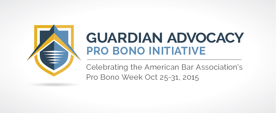 "Guardian Advocacy Pro Bono Initiative" is written in shades of blue with gray dates listed below. To the left is a gold and blue shield.