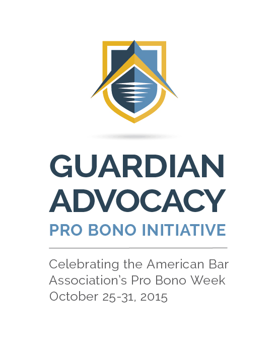 "Guardian Advocacy Pro Bono Initiative" is written in shades of blue with gray dates listed below. On top is a gold and blue shield.