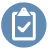 Survey icon, blue background with white line art of a clipboard with a check mark on it