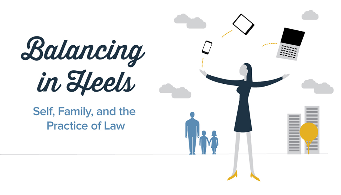 Balancing in Heels graphic with blue text on a white background, to the right there are gray clouds and a simple illustration of an adult and two children walking hand in hand, in front of them is a woman balancing objects