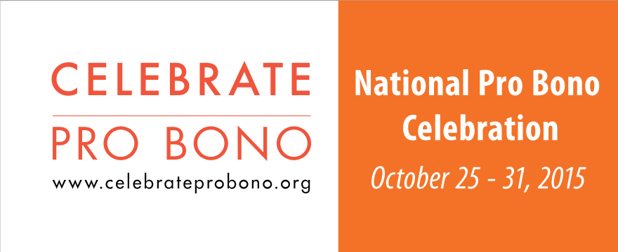 National Pro Bono Celebration graphic is two part with a white background and orange "Celebrate Pro Bono" text on the left, orange background and white "National Pro Bono Celebration" text on the right.