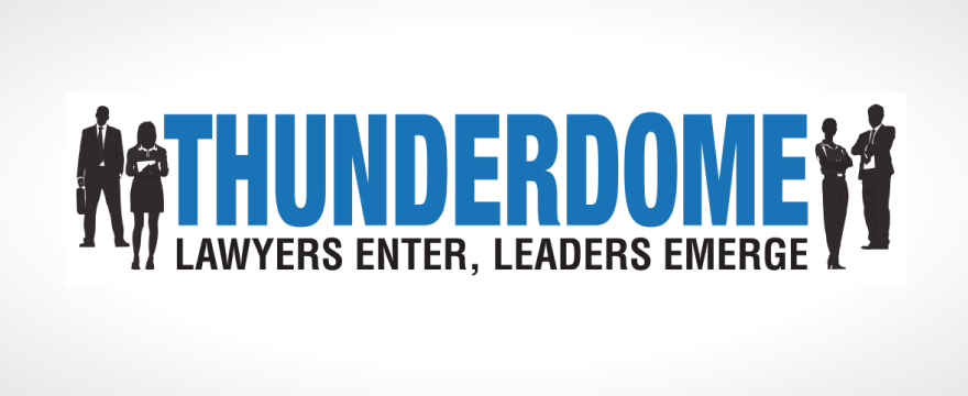 "Thunderdome" is written in blue with 2 black silhouette businesspeople on each side
