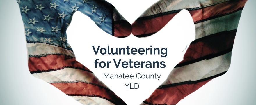 Hands are painted with the American flag on them, the hands are touching in the shape of a heart. Inside the heart it reads "Volunteering for Veterans Manatee County YLD"