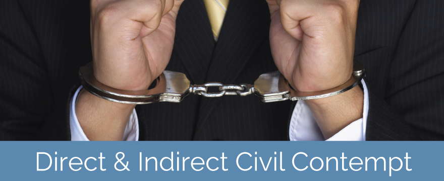 "Direct and indirect civil contempt" is written in a blue box underneath an image of a businessman who's hands are held up and in handcuffs
