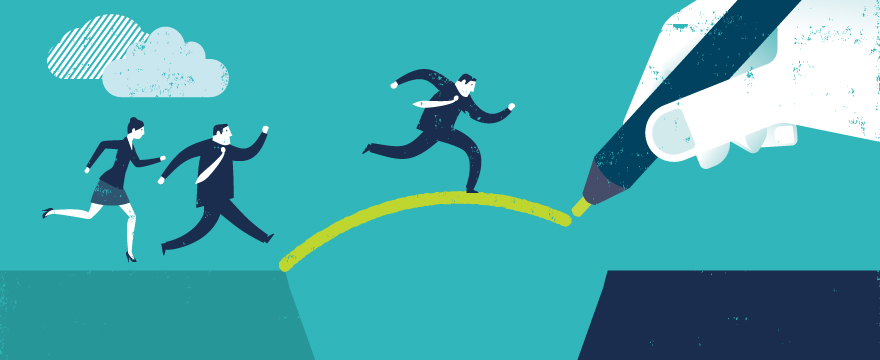 Green and navy illustration of a large hand holding a marker, drawing a bridge that 3 business people are jumping over