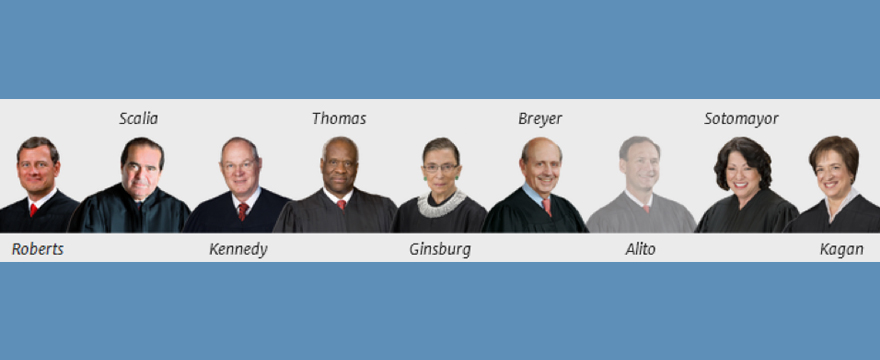 Cutout headshots of 9 Supreme Court judges are lined up, white background, top and bottom of the graphic are blue