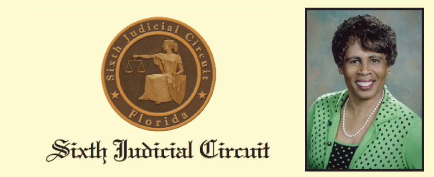 Sixth Judicial Circuit Seal on a yellow background with a headshot of an African American woman on the right. The woman is wearing a green and black polka dot suit.