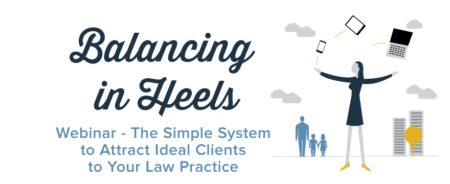 Balancing Heels graphic with text overtop of a white sky with gray clouds and two blue icon people walking