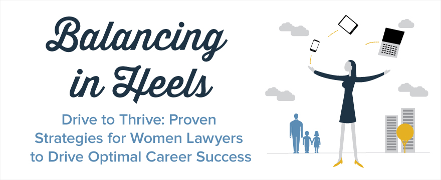 Balancing in Heels graphic with blue text on a white background, to the right there are gray clouds and a simple illustration of an adult and two children walking hand in hand, in front of them is a woman balancing objects