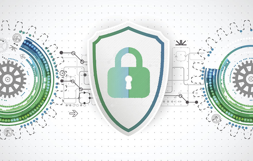 Vector art featuring a circuit board with a green and white shield and lock in the foreground