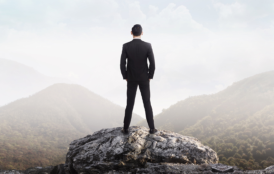 Business man standing on the top of the mountain looking at the valley. Business success concept