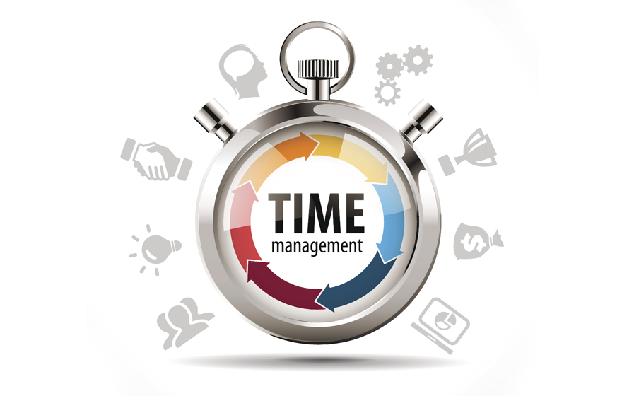 Time management alarm clock with icons surrounding it