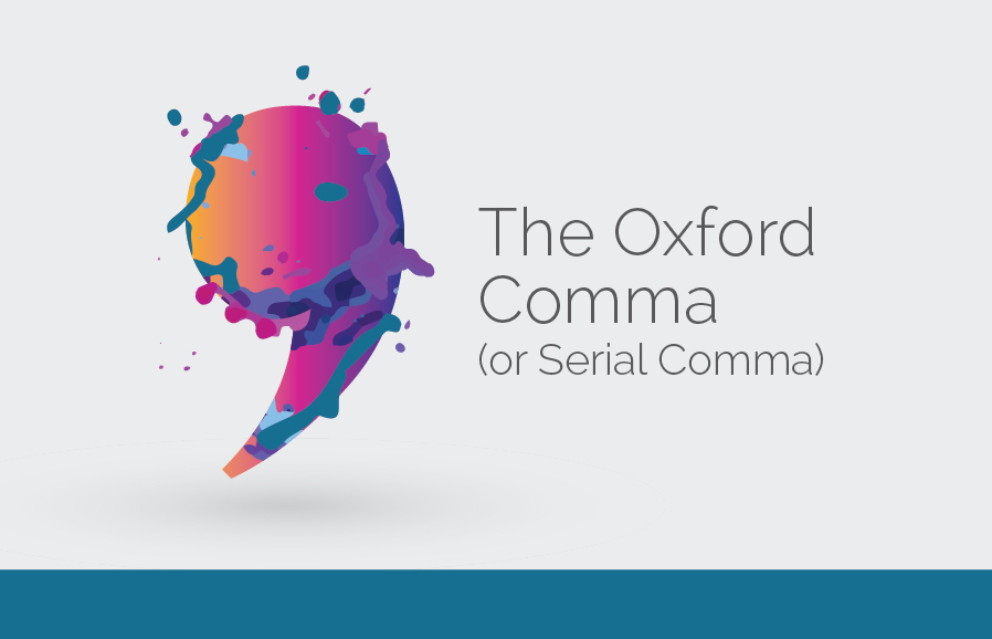 The Oxford comma, graphic comma with rainbow colored splashed over it