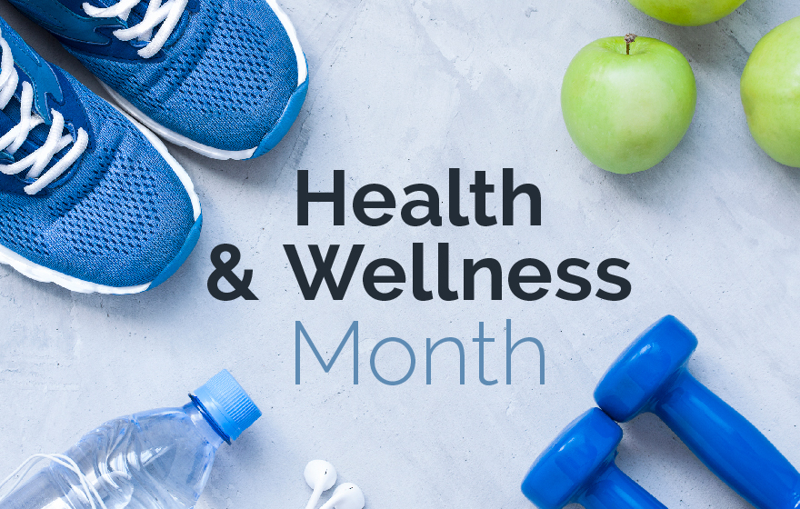 Health & Wellness months, tennis shoes, an apple, water bottle and hand weights on a blue background