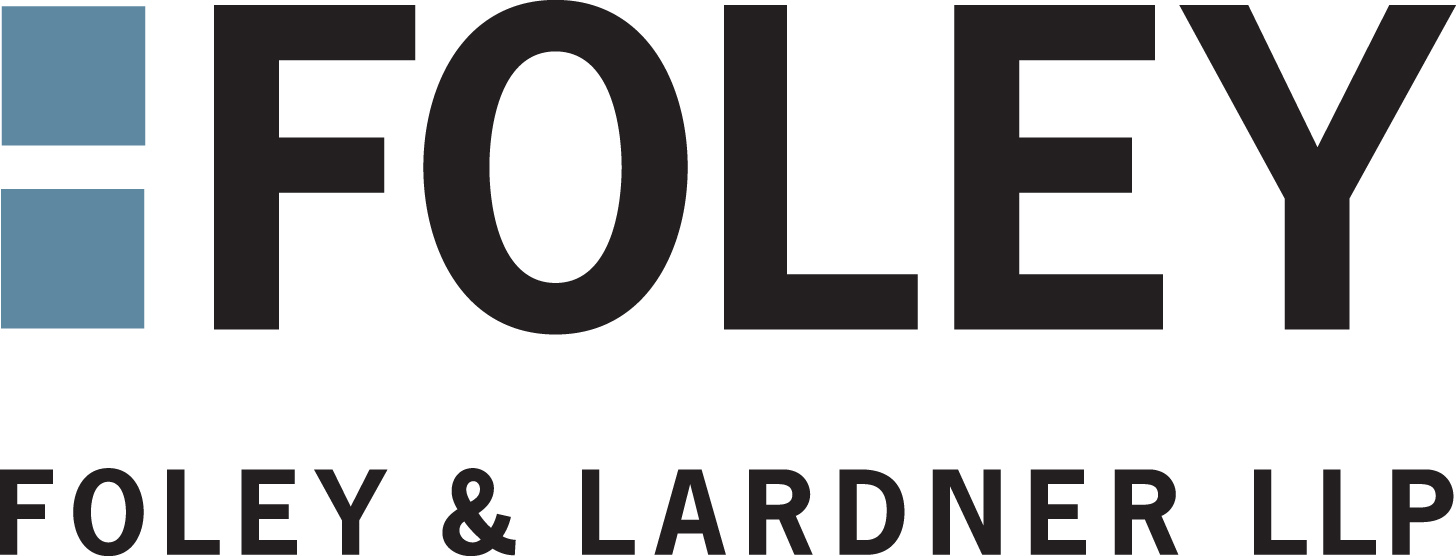Foley and Lardner LLP logo. Two blue boxes stacked on top of each other with large black text for Foley