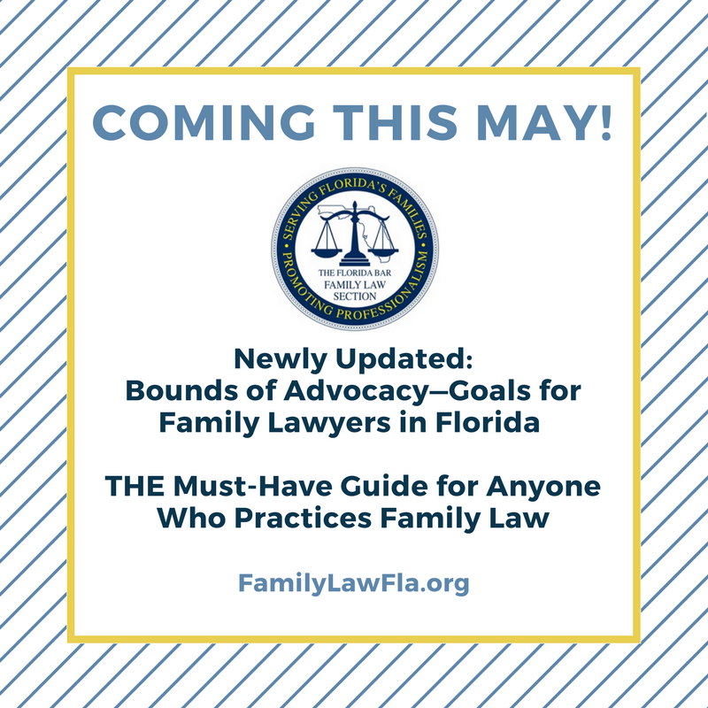 Family Law Section_Bounds of Advocacy, Coming in May, Striped Graphic with blue text and logo