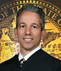 Judge Jason Dimitris headshot of a middle aged Caucasian man with grey hair and brown eyes in a black judges' robe with the gold and blue seal of Florida in the background
