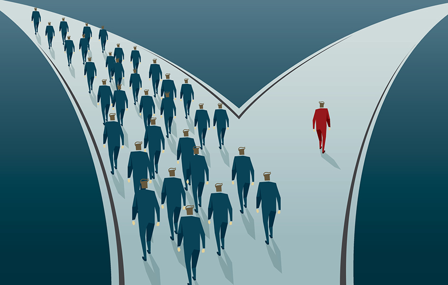 illustration of road split large group walking to left and one man walking to the right