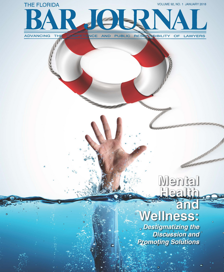 Florida Bar Mental Health Issue Magazine Cover graphic, image of a man's hands reaching up through the water to grab a red and white lifesaver