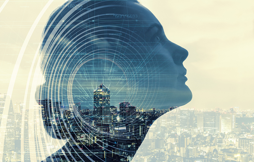 Multiple Exposure night cityscape overlaid by Caucasian woman's upward looking face