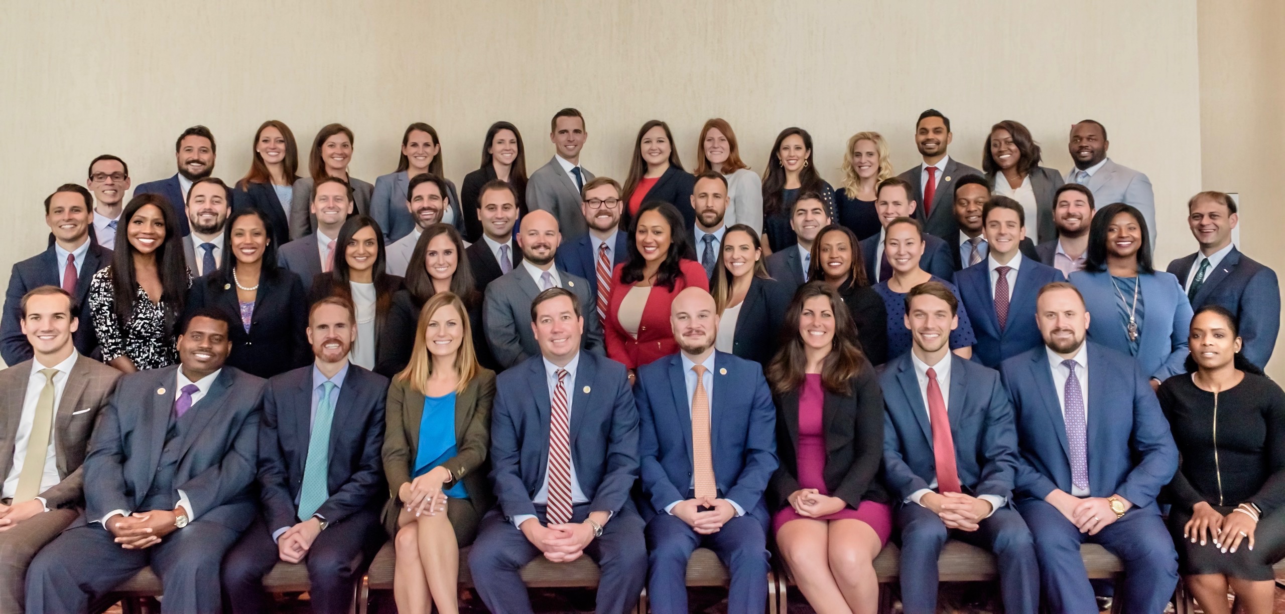 2018-19 Board of Governors large group picture, four rows of people sitting. They are professionally dressed wearing suits and dressed