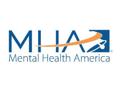 FLAYLD Mental Health America logo, it has a decorative bell with an orange swoosh element and the rest of the logo is blue