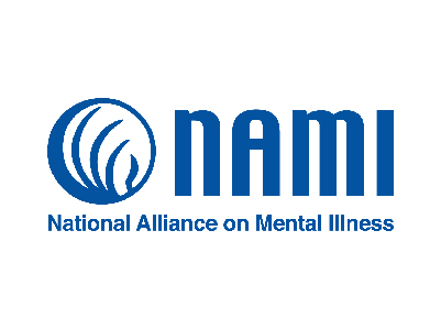 FLAYLD National Alliance on Mental Illness logo, says NAMI with a circle decoration. The entire logo is a dark blue