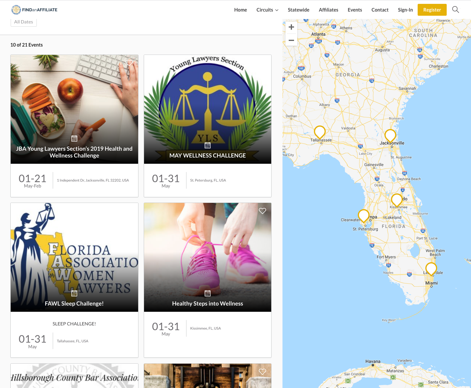 Screen shot of the "Find an Affiliate" area of this website. Featuring a map and a list of events with dates.