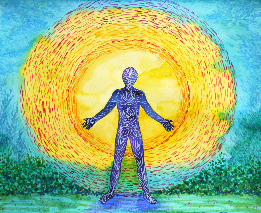 human and higher power, abstract watercolor painting, man with tree standing in front of sun, Van Gogh style painting