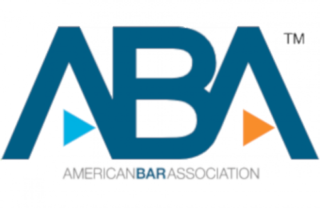 American Bar Association logo, Block ABA letters in navy blue with triangles in light blue and orange for the cross bar on the A's