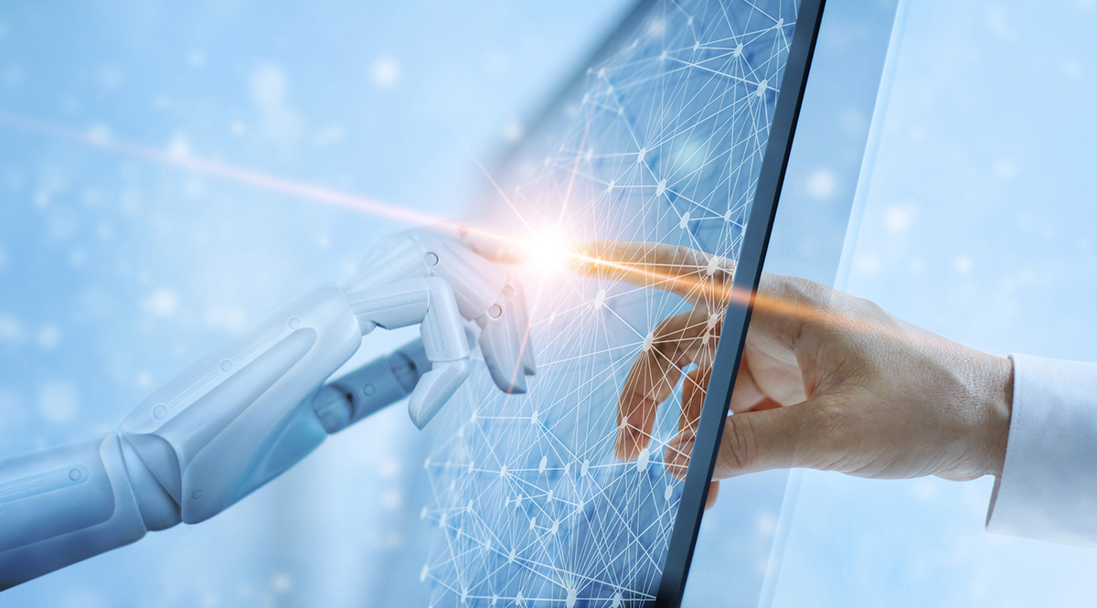 Hands of robot and human touching on global virtual network connection future interface. Artificial intelligence technology concept. Hands of robot and human touching on global virtual network connection future interface. Artificial intelligence technology concept.