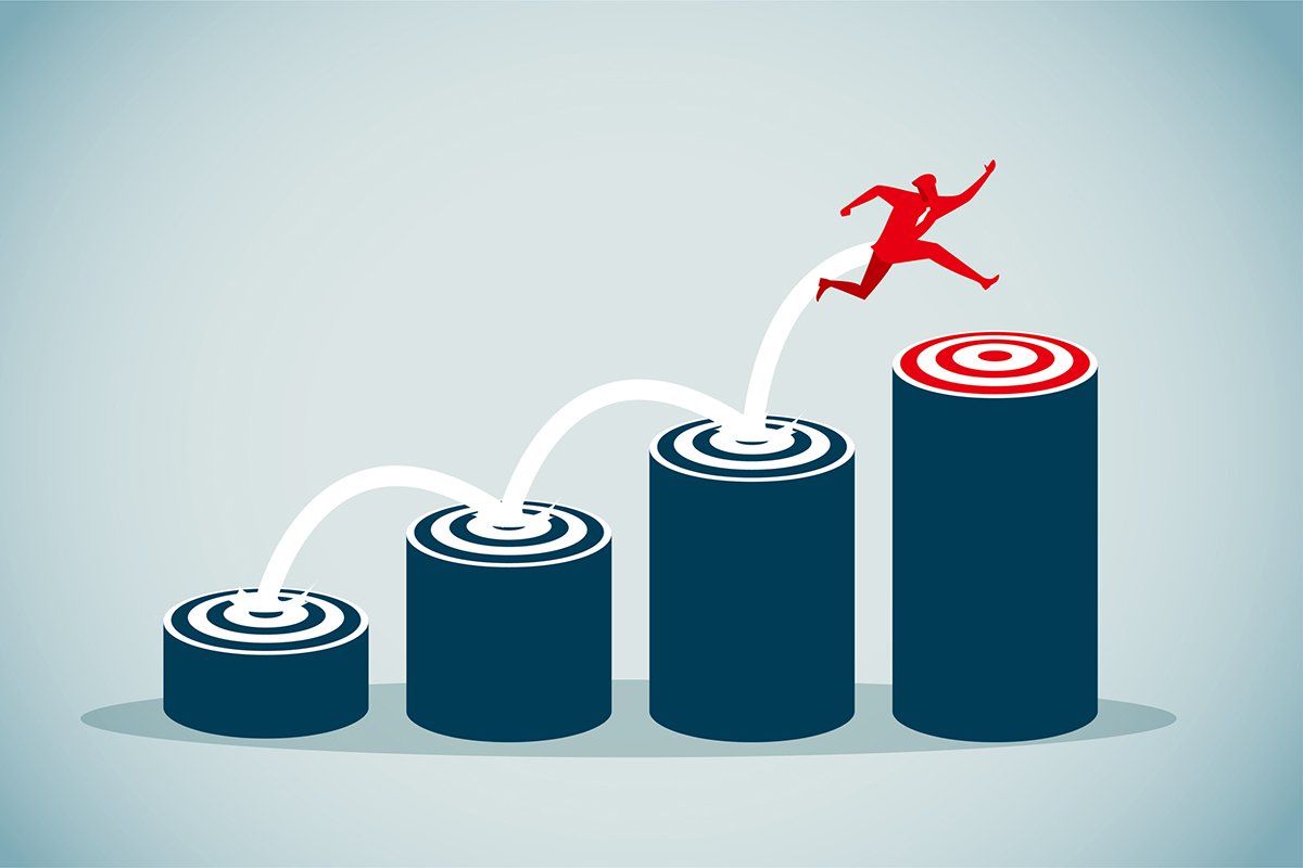 Illustration with 4 columns; each taller than the next with targets on top. Man jumping from column target to top one to reach goal