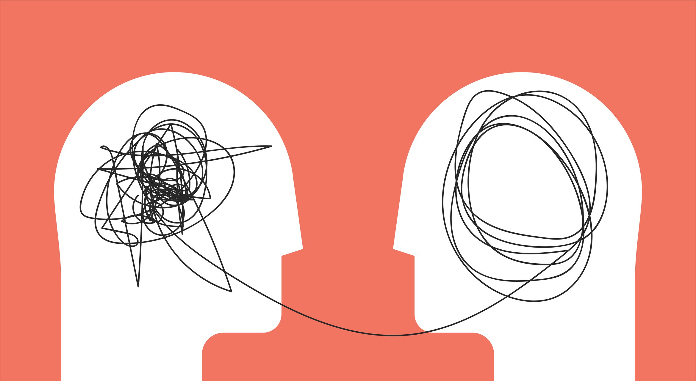 Two humans head silhouette psycho therapy concept. Therapist and patient. Vector illustration for psychologist blog or social media post.